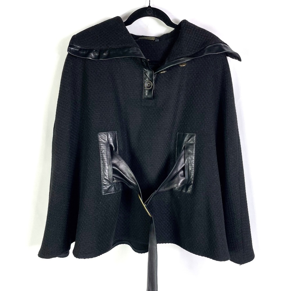 Mackage Poncho Wool Blend‎ Black Leather Trim Belted Cape Collared Sz XS Women's